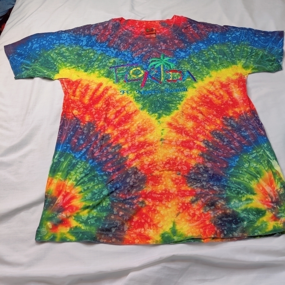 Bright Rainbow Tie Dye Tee Shirt T-shirt Florida Embroidery Sz Large - Picture 8 of 10